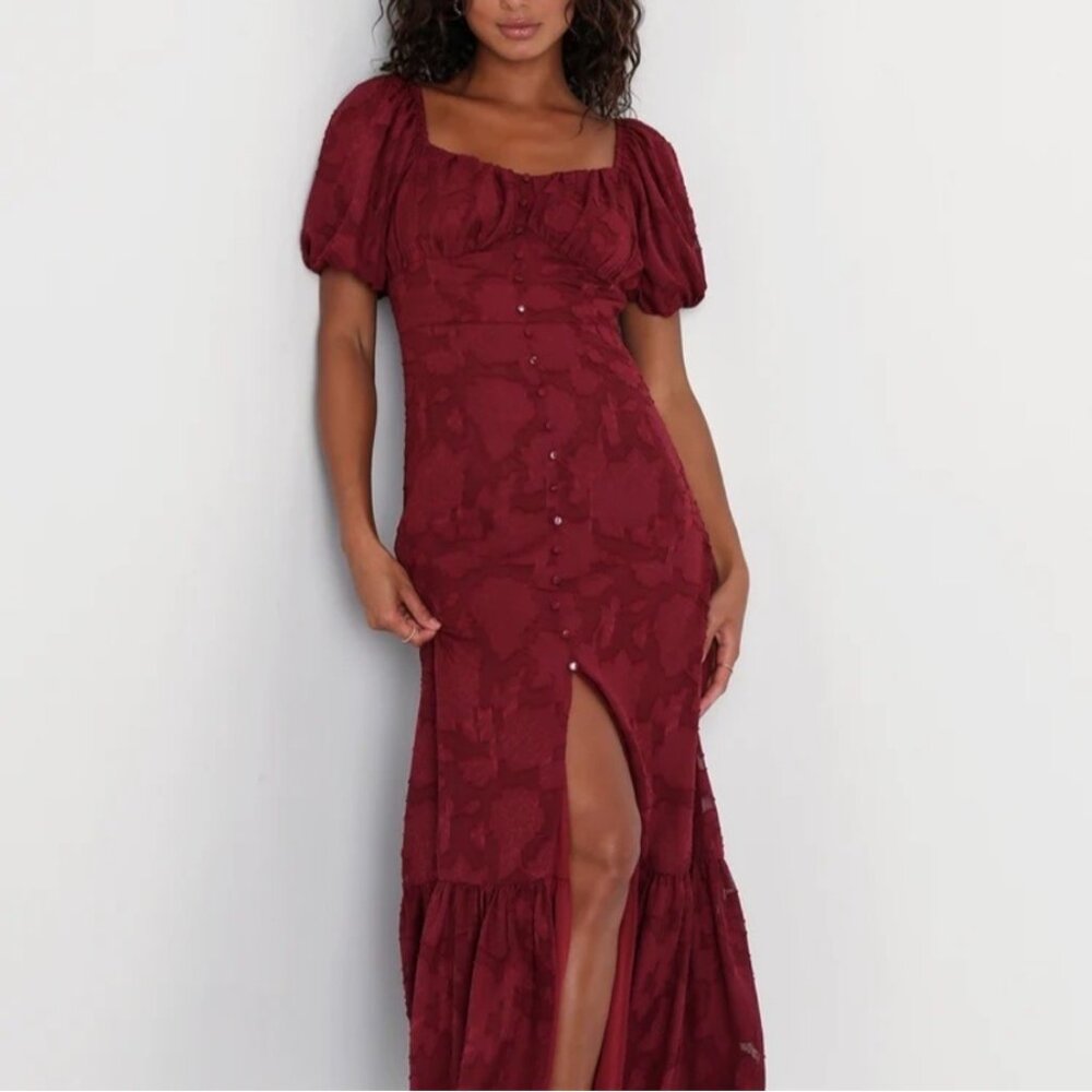 Lulu's Burgundy Puff-Sleeve Midi Dress